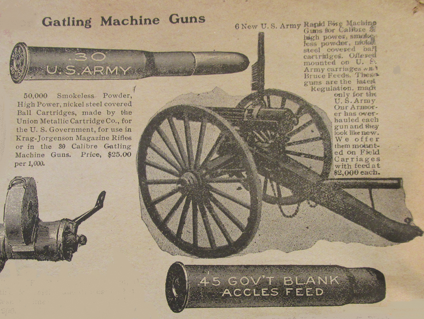 One of several Gatling guns Bannerman offered for sale and one of the 50,000 cartridges available.